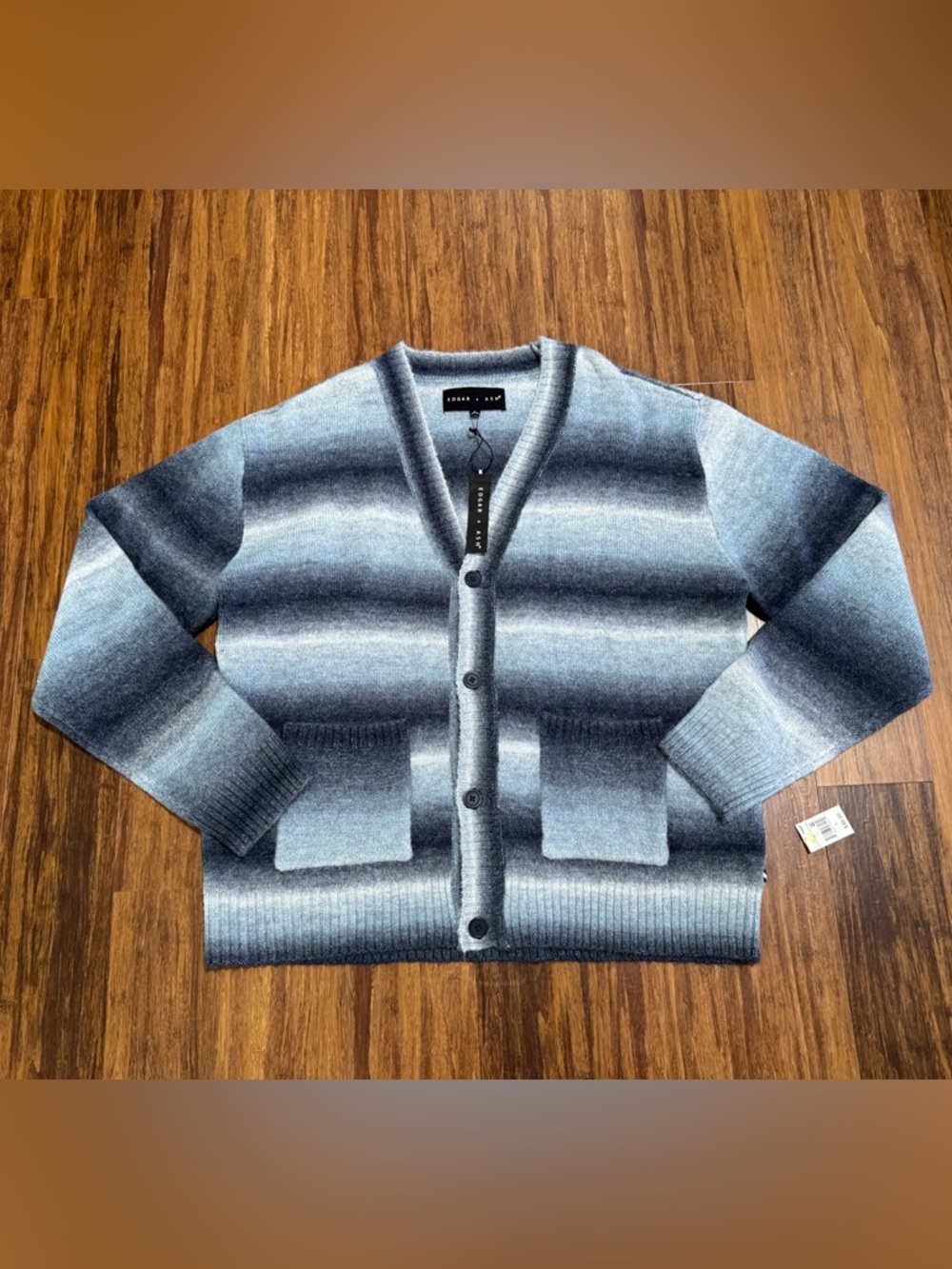 NEW Edgar + Ash Men's Blue/Gray Striped Knit V-Neck Button Cardigan Sweater L